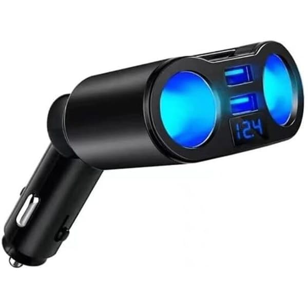 Cigarettænder splitter adapter, dobbelt USB biloplader, 2 x 12V/24V stik med LED voltmeter switch til mobiltelefon, tablet, GPS, dashcam