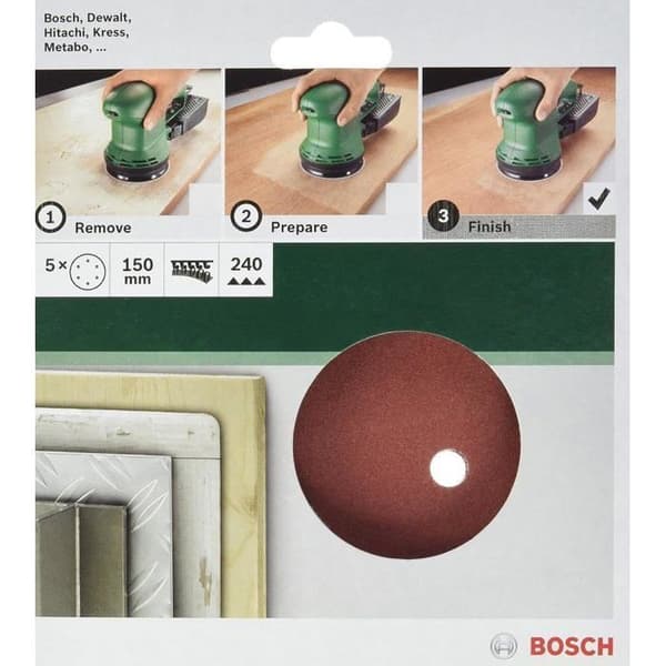 Slibeark - Pakke med 5 - Diameter 150 mm - Korn 240 - 6 Huller - Til Excenterslibere