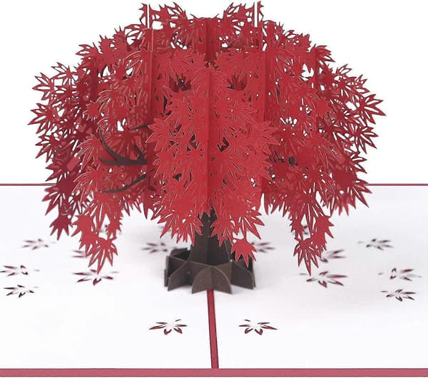 3D-kort, popup-kort med blomstrende rød lønn, 3D-julekort med konvoluttgave