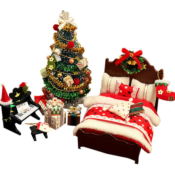 Mini Dockhus Möbler Set, Mini Jul Dockhus Tillbehör, Jul Sovrum Set, 100% Nytt