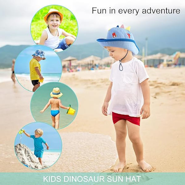 Sommarhatt för småbarn med bred brätte, strandhatt med hakband, dinosauriekeps för barn, pojkar och flickor 2-4 år