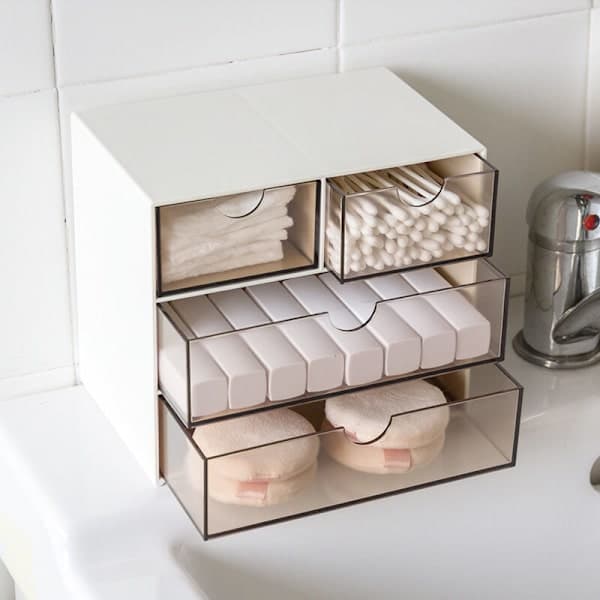 -Venlig Desktop Gennemsigtig Plast Opbevaringsboks Skab til Småting Makeup Event Organizer 4 Celler Hvid