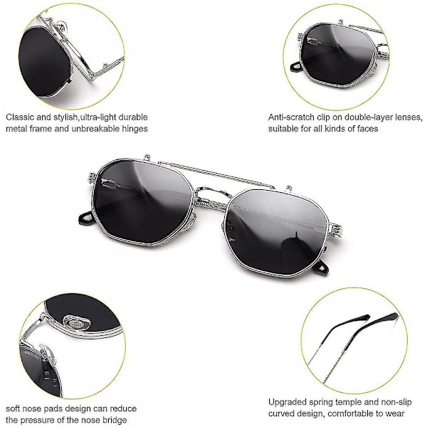 Flip Up Solbriller Mænd Kvinder Polariseret Steampunk Flip Solbriller Med Dobbelt Linser UBM Silver Frame-Gray Lens