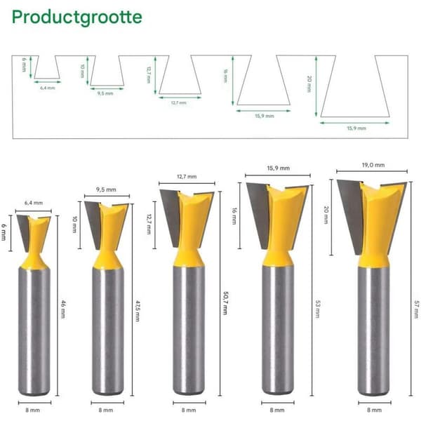 5 stk. svalehalefræser, wolframcarbid overfladefræserbit 8mm, fræserbit 1/4\" 1/2\" 3/8\" 5/8\" 3/4\" til træbearbejdning