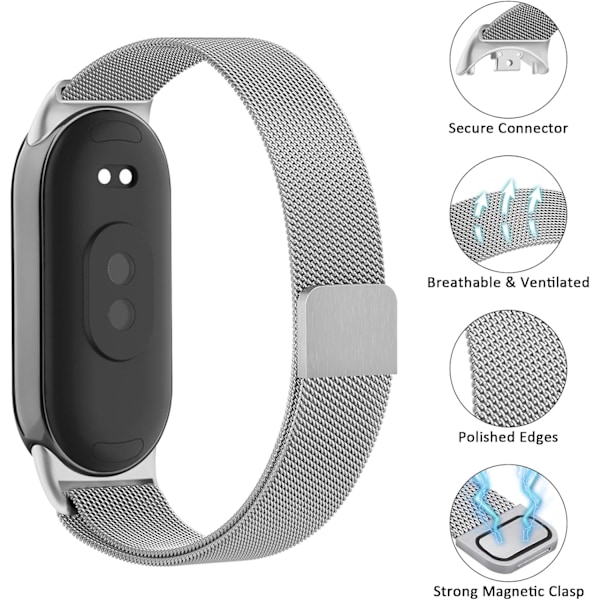 Rem för Xiaomi 8 män kvinnor, metallarmband för Xiaomi Mi Band 8 magnetiskt rostfritt stålnätband med stark magnetism Silver