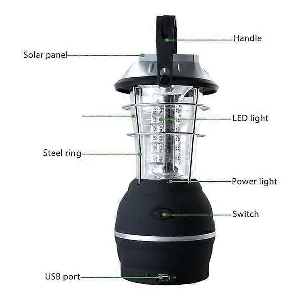 IC Solcellelykt, ultra sterk LED-campinglykt, 2 justerbare lysmoduser, 5 lademetoder, med håndsveivdynamo, lang