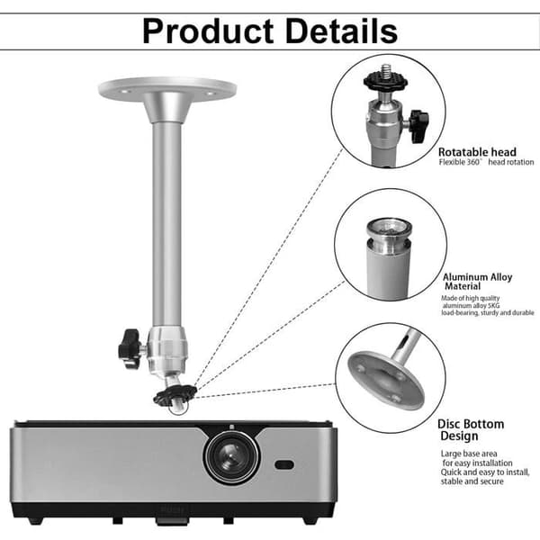 Loftprojektorbeslag i aluminium - 1 enhed - 360° justerbart - 5 kg bæreevne - Kontor og stue
