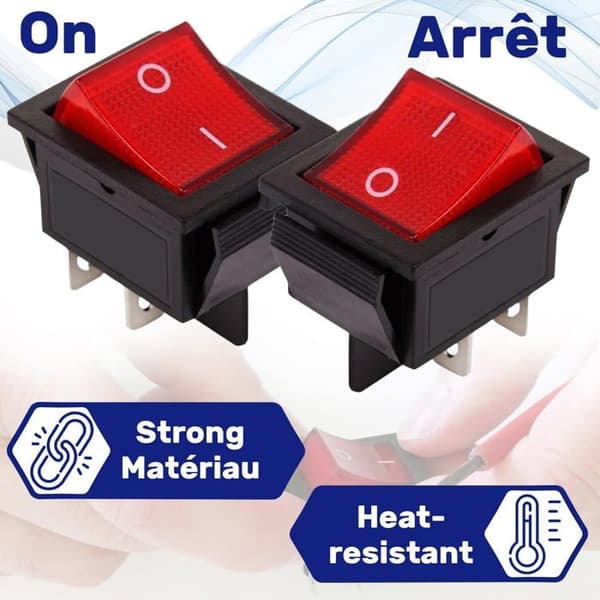 Rød belyst dobbeltpolet afbryder 250V 16A sort hus 4 Faston 6.3mm til kontrolpanel