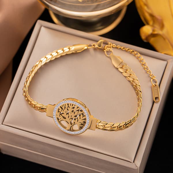 Dame 18K Guldbelagt Rustfrit Stål Livets Træ CZ Cubansk Armbånd