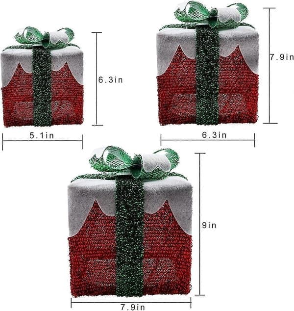 Set med 3 LED-presentaskar med grön rosett, julklappsaskar, festdekorationer