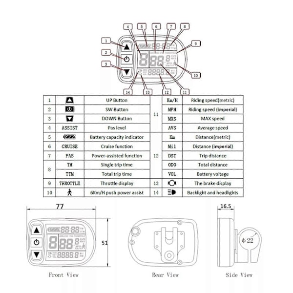 E-bike KT LCD5 Display Kontrollpanel För 24/36/48V Elcykelmotor Ny SM Plug