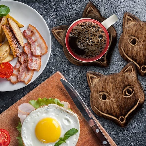 Sæt med 6 coasters med holdere - Håndlavede træ coasters til kaffe, te, krus, kop, vinglas (rævedesign)