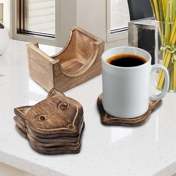 Sæt med 6 coasters med holdere - Håndlavede træ coasters til kaffe, te, krus, kop, vinglas (rævedesign)