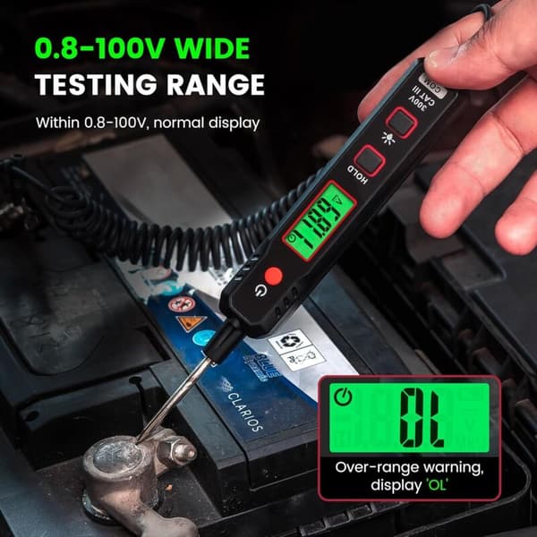 Älykäs piiritesteri, 0,8V-100V DC-jännitetesteri taustavalolla, digitaalinen testilamppu taskulampulla, jännitetesterikynä autoihin ja kuorma-autoihin
