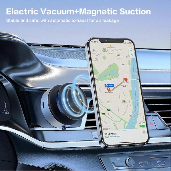 360 Graderbar Magnetisk Bilhållare för Telefon, Elektrisk Vakuum Magnetisk Sugkoppsmontering Silver