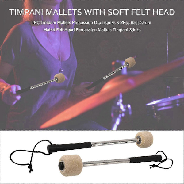 2 stk. stortrommestikker Filthoved Percussion Mallets Timpani Sticks