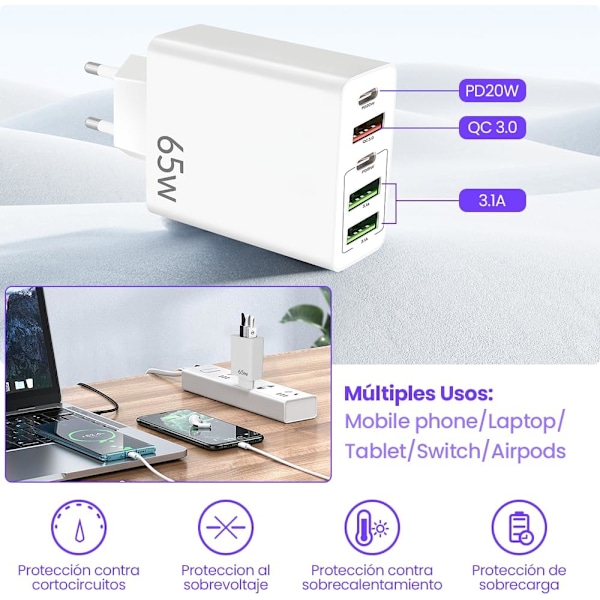 65W USB C Laddare, 5 Port USB C, 5 i 1 Dubbel PD+QC Laddningsblock, Snabb Multi-Laddning för iPhone 15/14/13/12/11