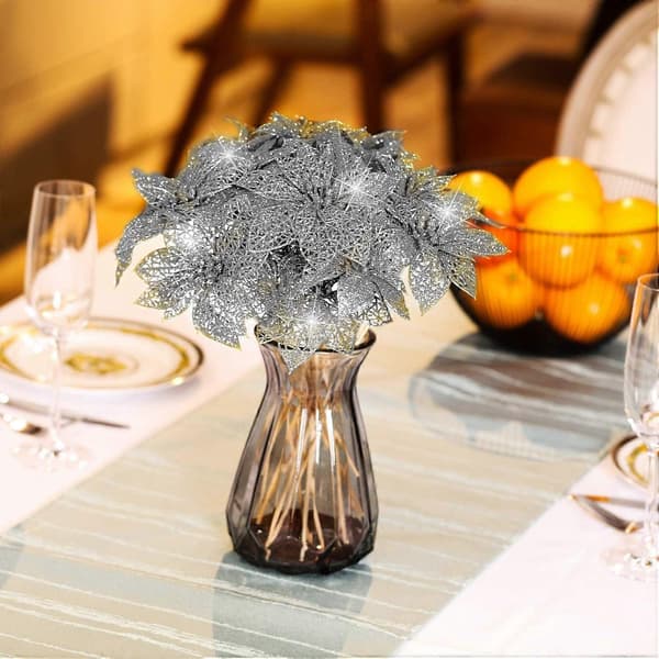 24 stk. Glitter Julestjerne Juletrepynt Juleblomster Dekor Ornament (Sølv, 15cm)