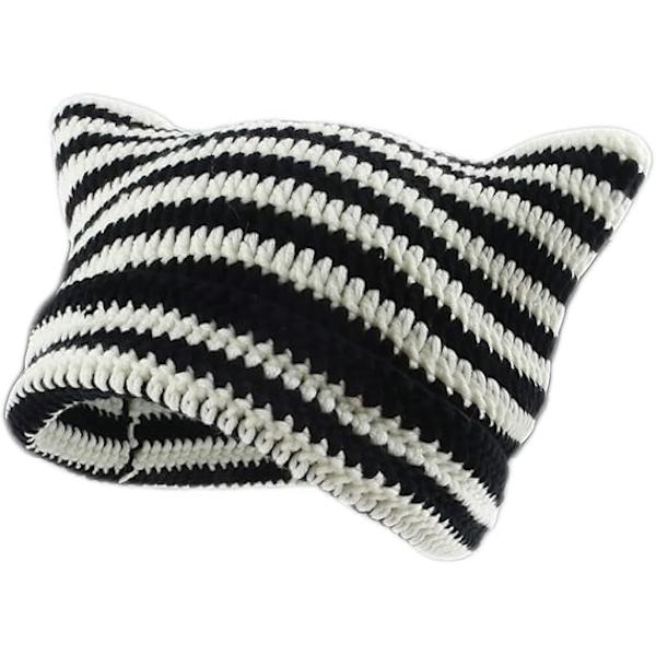 Damernas Kattmössa i Stickad Crochet med Öron Stickad Vintervarm Elastisk Hatt Slouchy för Flickor Vuxna Barn White Black
