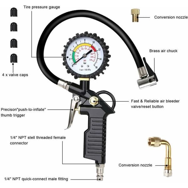 Digital dekktrykkmåler. Måleområde 0 til 15 bar. Inkluderer: 4 ventilhetter og luftdyseadapter.