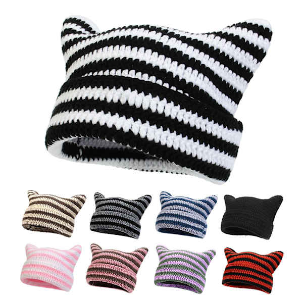 Höst Vinter Utomhus Varma Stickade Mössor Söt Randig Katt Öra Hatt Huvudbonad Ullgarn Stickad Beanies Red Black
