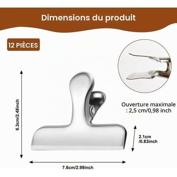 12 stk. madposeklemmer i rustfrit stål til kontor, køkken | 78 mm store metalclips til tegninger i rustfrit stål