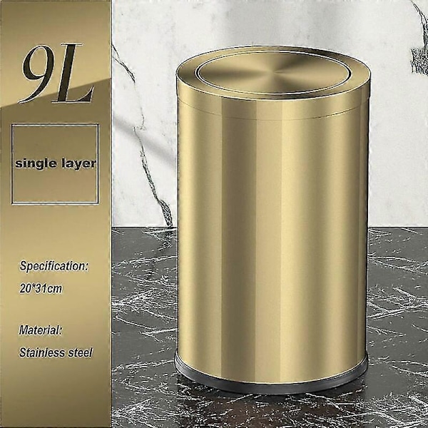 Badeværelsesspand med svinglåg, 9l lille spand, metallisk guld stål, 20 X 31cm s202412241870