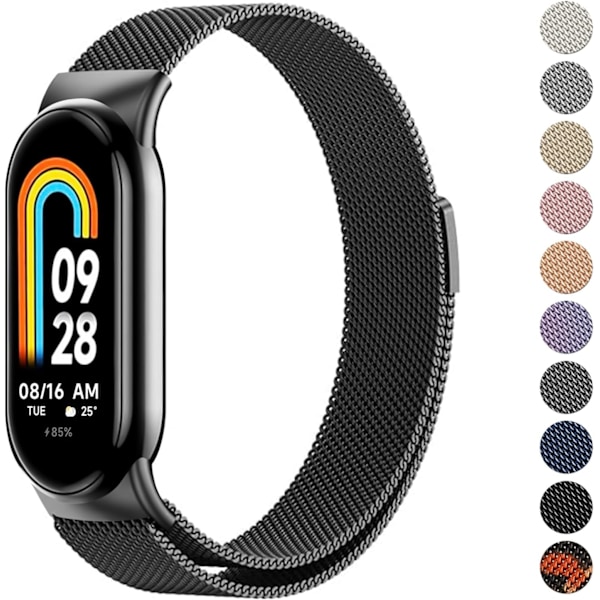 Rem för Xiaomi 8, män och kvinnor, metallarmband för Xiaomi Mi Band 8, magnetiskt rostfritt stålnätarmband med stark magnetism Black