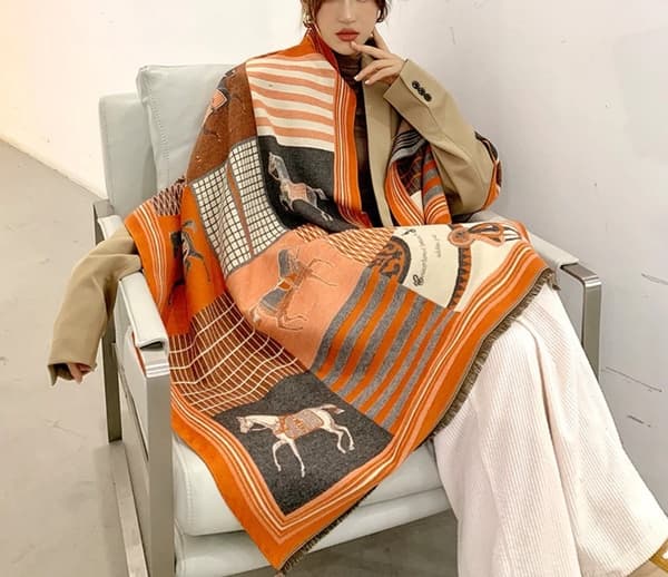 Stor Orange Grå Hästtryck Sjal Omlott Kashmir Känsla Halsduk Ryttar Chic