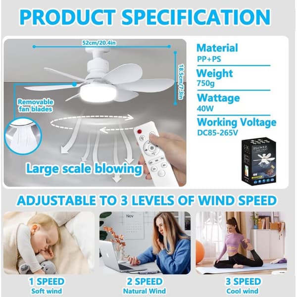 Loftventilator, Lydløs Loftventilator, 40W Loftventilatorlampe med E27 Fatning, 6 Blade, 3 Hastigheder, Stille, til Stue, Soveværelse, Hvid
