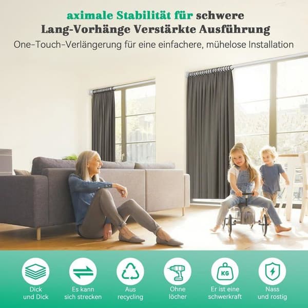 Udtrækkelig gardinstang - 1 stk. - Stål og hvid plast - Borefri installation - Badeværelse