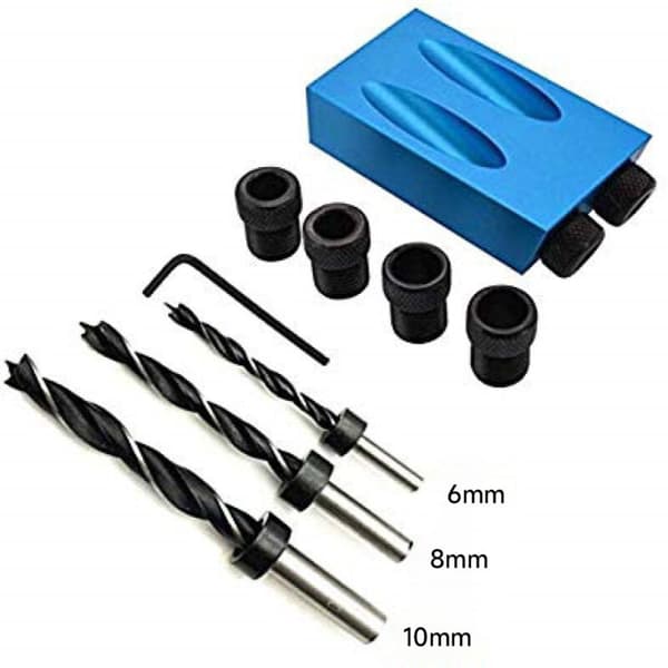 15-graders vinkelboresett for tre med boremalguide og 6/8/10 mm hull