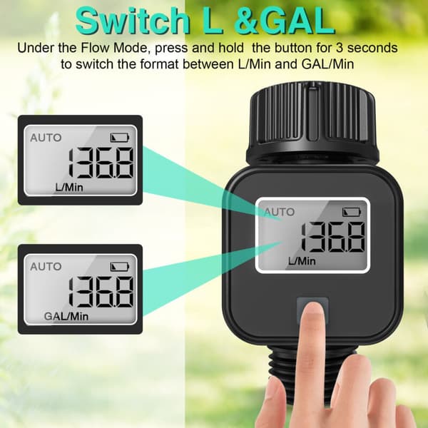 Vattenmätare med timer, 4 lägen, 180° roterande digital flödesmätare, vattenmätare för trädgården