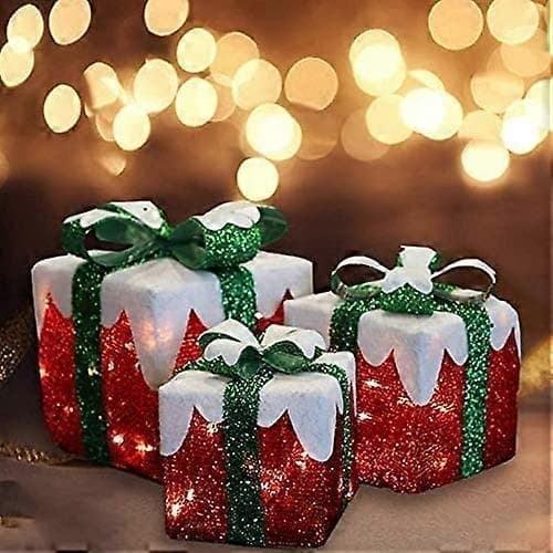 Set med 3 LED-presentaskar med grön rosett, julklappsaskar, festdekorationer