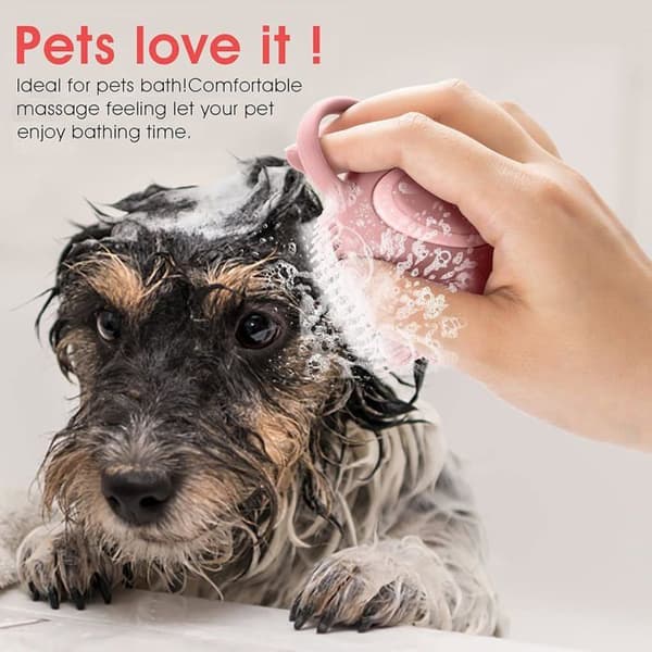 Hund og kat badebørste, blød kæledyrsbørste til rengøring, massagebørste med shampoo-dispenser til beroligende massage og vask