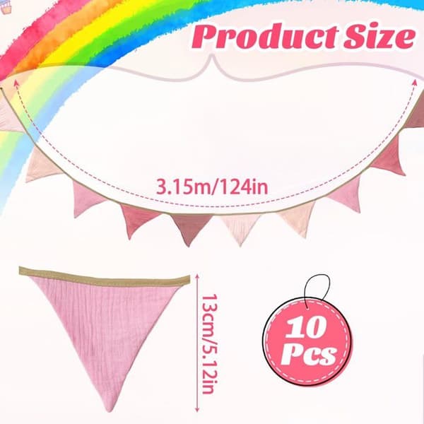 Stoffvimpelrekke - 10 Deler - Rosa Bomull - 3,15 Meter - Veggdekorasjon - Barnerom, Bryllup, Fest