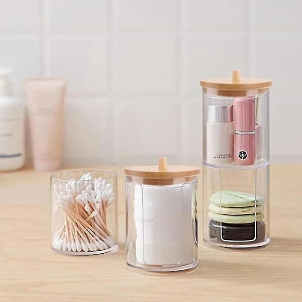 Sminkförvaringsset - Akryl Bomullspinnehållare med Bambulock, Klar Q-tips Bomullspinnebehållare, Öronproppburk, Sminkbordsaccessoarer, Co A