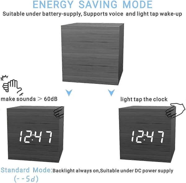 Digital väckarklocka, trä LED-ljus mini modern kub skrivbordsväckarklocka visar tid datum temperatur barn, sovrum, hem, sovsal, resor (svart)
