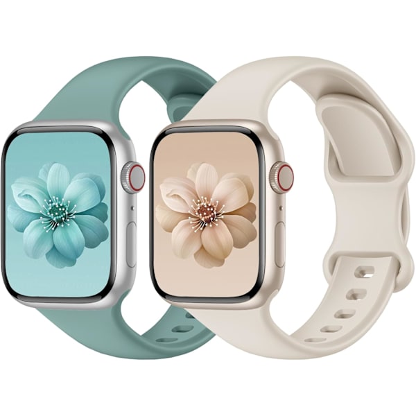 2-pack sportband kompatibel med Apple Watch-band, dam och herr, uppgraderat mjukt silikonband, ersättningsarmband för iWatch Series Pine Needle Green/Starlight 38/40/41mm