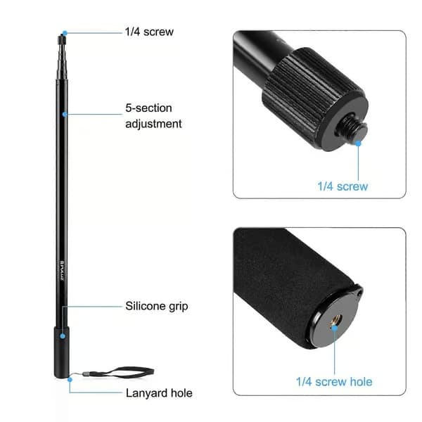 PULUZ 3m Metall Selfie Stick Monopod för Insta360 One RS / X2 / X3 / X4 (Svart)