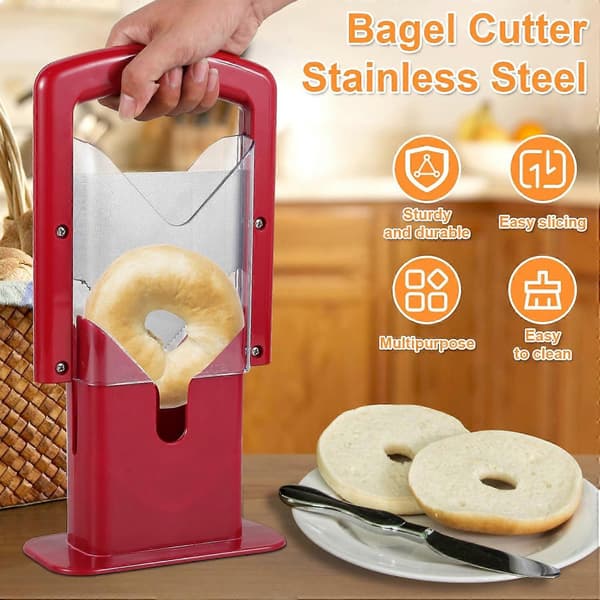 Bagelkutter, rustfritt stål brød toast kutter multifunksjonell for bagels toast muffins frukt og grønnsaker Red