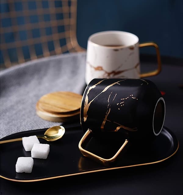 Porcelæn Te Kop Kaffe Kande Sæt til Eftermiddagste - Marmor Mønster (Sort, Kort 300ml + Træ Underkop)