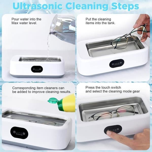 Professionel ultralydsrenser - 640 ml, 49.000 Hz - med 3 timerindstillinger, rustfrit stål, til smykker og briller