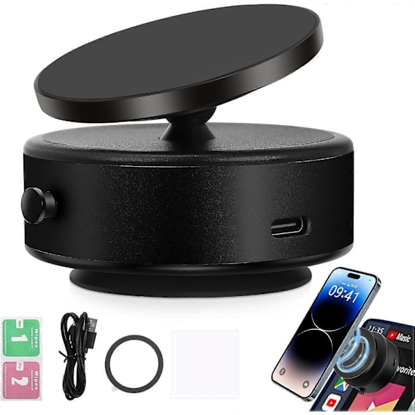 360 Graderbar Magnetisk Bilhållare för Telefon, Elektrisk Vakuum Magnetisk Sugkoppsmontering Black