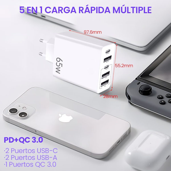 65W USB C Laddare, 5 Port USB C, 5 i 1 Dubbel PD+QC Laddningsblock, Snabb Multi-Laddning för iPhone 15/14/13/12/11