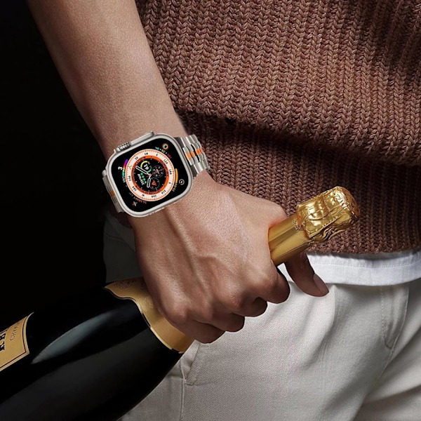 Apple Watch Ultra-rem för män, 49 mm, 45 mm, 44 mm, 42 mm, serie för män, metallarmband för iWatch, armband i rostfritt stål Silver/Orange 42/44/45/49mm