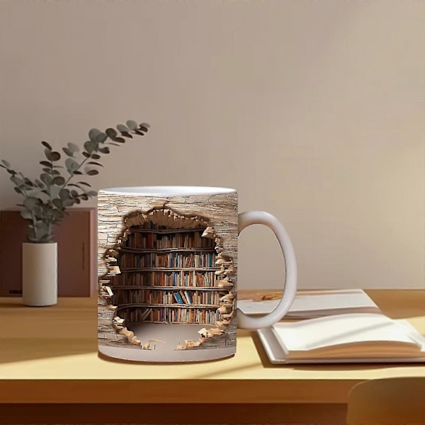 3D Kirjahylly Muki - Hienot Syntymäpäivä- ja Joululahjat Hänelle - Keraaminen Kahvimuki Beige