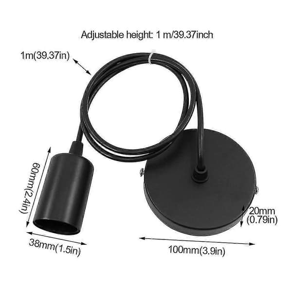 E27 Hotel Studie Pendel Lampefatning Industrielt Design Lampeholder Med 1m Kabel Black