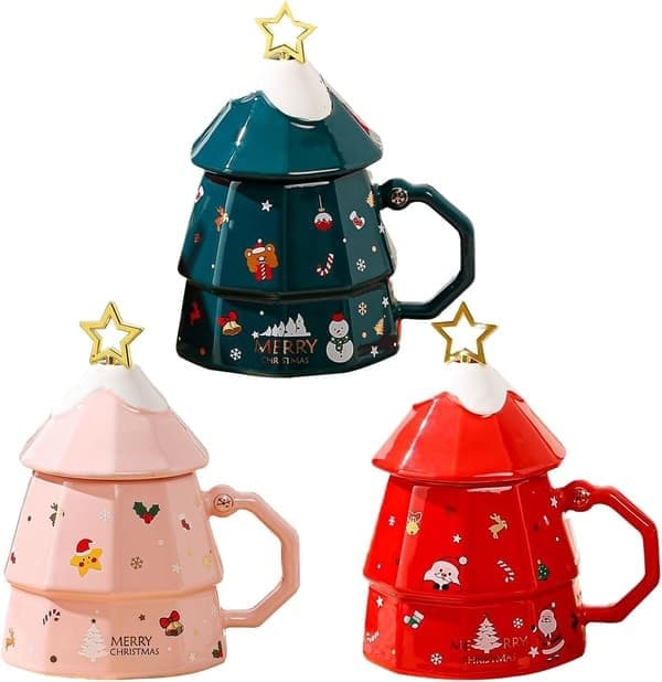 Julmugg med handtag, julkeramisk kaffemugg med lock och sked, tekopp, julgransmugg, födelsedagspresenter