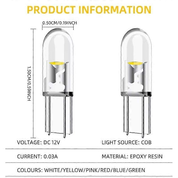 T5, blå, COB, LED, 10-pakning, 12V blå